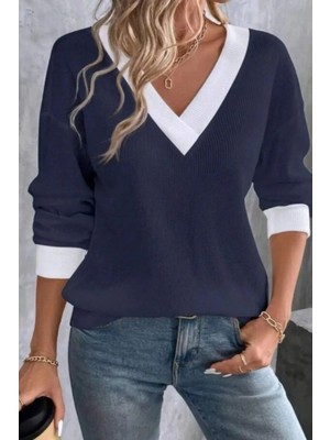 Mossta V Yaka Waffle Kumaş Şık Bluz - Lacivert