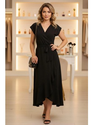 Mossta V Yaka Kısa Kollu Belden Bağlamalı Midi Aerobin Elbise - Siyah