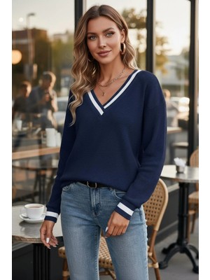 Mossta V Yaka Şerit Detaylı Waffle Bluz - Lacivert