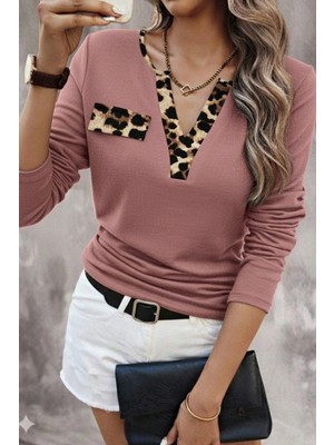 Mossta V Yaka Leopar Detaylı Kaşkorse Bluz - Pembe