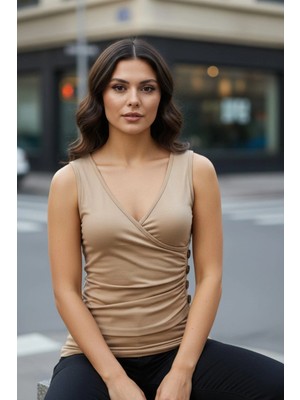 Mossta Kruvaze V Yaka Sıfır Kol Viskon Bluz - Vizon