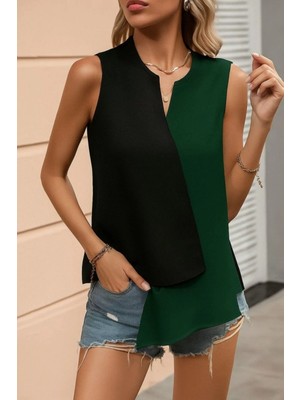 Mossta Kolsuz Renk Bloklu V Yaka Dökümlü Bluz - Yeşil