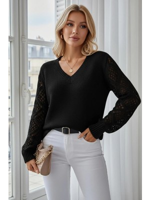 Mossta V Yaka Ajurlu Triko Kazak - Siyah