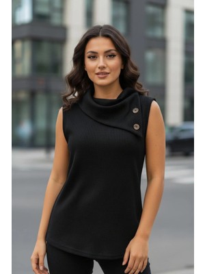 Mossta Asimetrik Düğmeli Yaka Kolsuz Waffle Bluz - Siyah