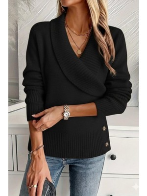 Mossta Kruvaze Yaka Düğme Detaylı Triko Bluz - Siyah