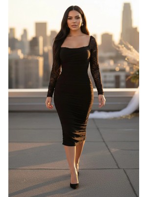 Mossta Dantel Kollu Kare Yaka Büzgülü Midi Boy Sandy Elbise - Siyah