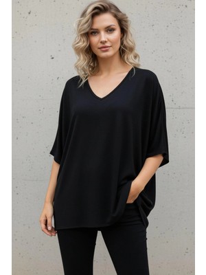 Mossta V Yaka Salaş Kesim Viskon Bluz - Siyah