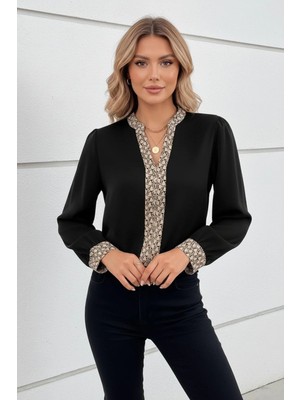 Mossta Desenli Yakalı V Yaka Uzun Kollu  Ithal Krep Bluz - Siyah