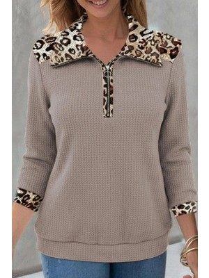 Mossta Leopar Detaylı Fermuarlı Waffle Bluz - Bej