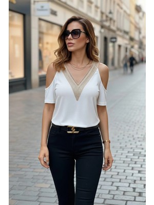 Mossta Omuzu Açık V Yaka Viskon Bluz - Beyaz