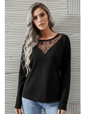 Mossta Bisiklet Yaka Dantelli Viskon Iki Iplik Bluz - Siyah