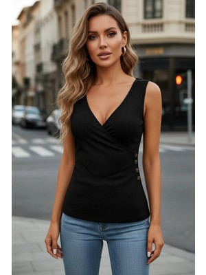 Mossta Kruvaze V Yaka Sıfır Kol Viskon Bluz - Siyah