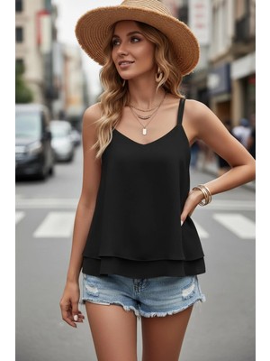 Mossta Ip Askılı V Yaka Sandy Bluz - Siyah