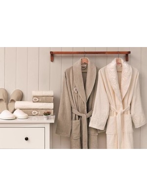 Özdilek Pamuk Wedding Aile Bornoz Seti M - L Taş&krem Renkli Bayan ve Erkek Bornozlar