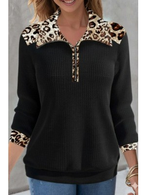 Mossta Leopar Detaylı Fermuarlı Waffle Bluz - Siyah