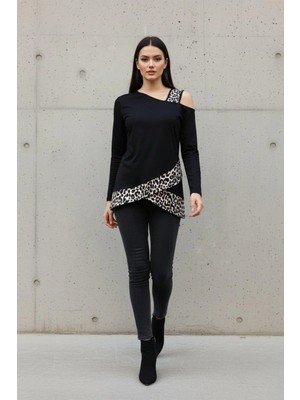 Mossta Leopar Detaylı Uzun Kollu Dekolteli Viskon Bluz - Siyah