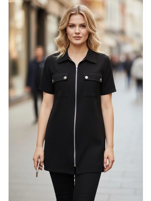 Mossta Fermuar Detaylı Kısa Kollu Ithal Krep Bluz - Siyah