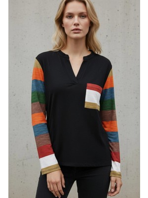 Mossta Cep Detaylı V Yaka Kadın Viskon Bluz - Siyah