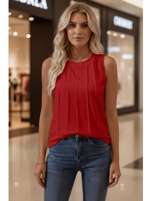 Mossta Sıfır Kol Pileli Viskon Bluz - Kırmızı