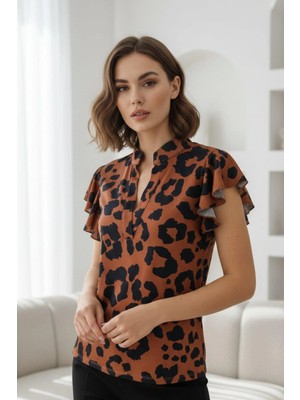 Mossta Hakim Yaka Detaylı Volan Kollu Desenli Süprem Bluz - Kahve