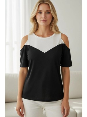 Mossta Pencere Detaylı Çift Renkli Viskon Bluz  - Siyah