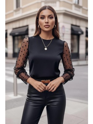 Mossta Puantiyeli Tül Kollu Sandy Bluz - Siyah