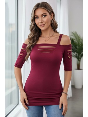 Mossta Lazer Kesim Detaylı Yarım Kollu Şık Viskon  Bluz - Bordo