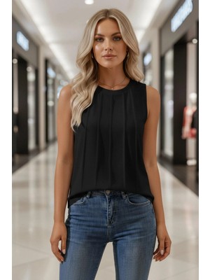 Mossta Sıfır Kol Pileli Viskon Bluz - Siyah