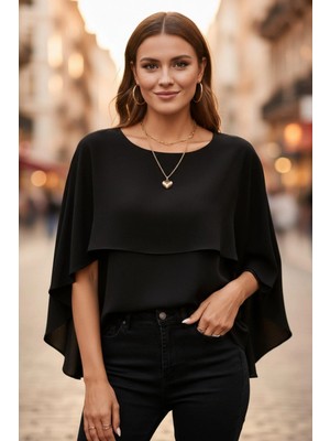 Mossta Minimalist Pelerin Kesim Modern Sandy Bluz - Siyah