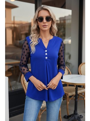 Mossta V Yaka Puantiyeli Tül Kollu Viskon  Bluz - Mavi