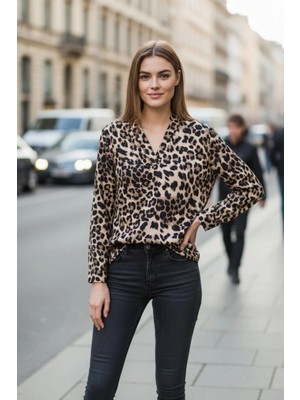 Mossta Leopar Desenli V Yaka Uzun Kollu Modal Bluz - Leopar
