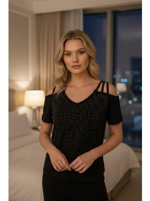 Mossta Omuz Pencereli Taş Baskılı Viskon Bluz - Siyah