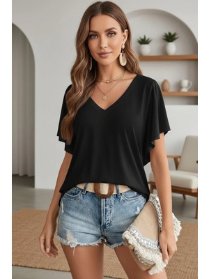 Mossta V Yaka Viskon Bluz - Siyah