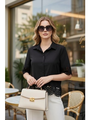 Mossta Kısa Kollu Lazer Kesim Detaylı Düğmeli Fisto Bluz - Siyah