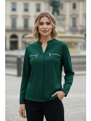 Mossta Fermuar Detaylı V Yaka Hakim Yaka Viskon  Bluz - Yeşil