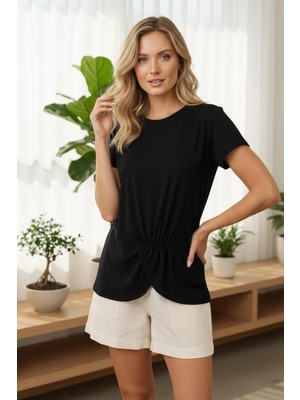 Mossta Kısa Kollu Asimetrik Detaylı Rahat Kesim Viskon Bluz - Siyah