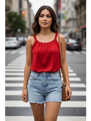 Mossta Casual Stil Büzgü Detaylı Viskon Bluz - Kırmızı