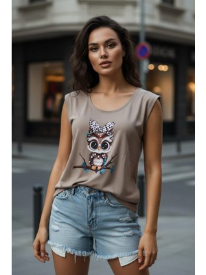 Mossta Sıfır Kol V Yaka Baykuş Baskılı Viskon Bluz - Vizon