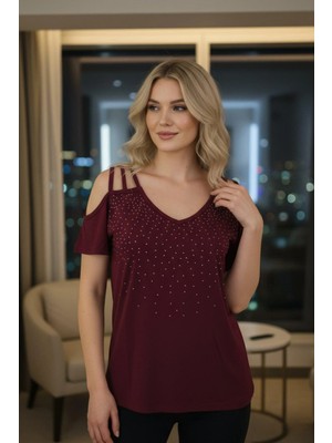 Mossta Omuz Pencereli Taş Baskılı Viskon Bluz - Bordo