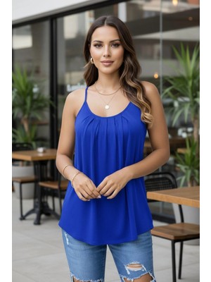 Mossta Ip Askılı Pileli Viskon Bluz - Saks