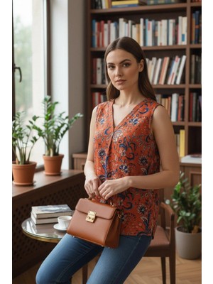 Mossta V Yaka Kolsuz Desenli Süprem Bluz - Turuncu