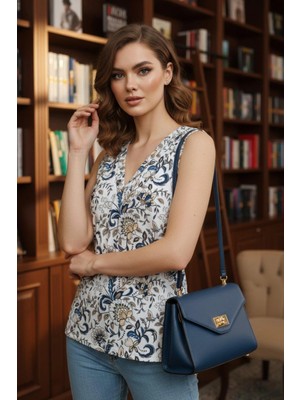 Mossta V Yaka Kolsuz Desenli Süprem Bluz - Beyaz