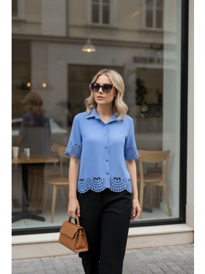 Mossta Kısa Kollu Lazer Kesim Detaylı Düğmeli Fisto Bluz - Mavi