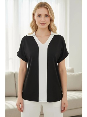 Mossta Renk Bloklu Polo Yaka Kısa Kollu Sandy Bluz - Siyah