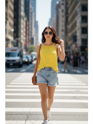 Mossta Casual Stil Büzgü Detaylı Viskon Bluz - Sarı