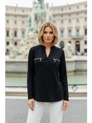 Mossta Fermuar Detaylı V Yaka Hakim Yaka Viskon  Bluz - Siyah