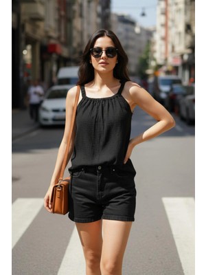 Mossta Casual Stil Büzgü Detaylı Viskon Bluz - Siyah