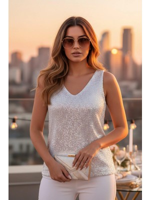 Mossta Askılı V Yaka Pulpayetli Bluz - Beyaz