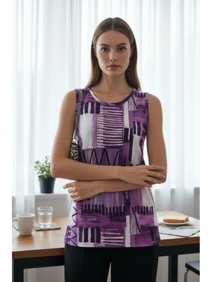 Mossta Geometrik Desenli Kolsuz Süprem Bluz - Mor