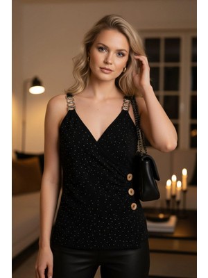 Mossta Halka Askı Detaylı Kruvaze Yaka Sandy Bluz - Siyah